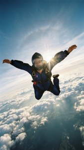 Sky diver free falling through clouds with sunlight