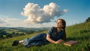 A young girl in a blue dress lies on grass looking up at a large cloud.