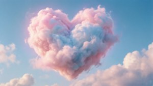 Et hjerte indhyllet i skyer med en pastel aura på himlen.
