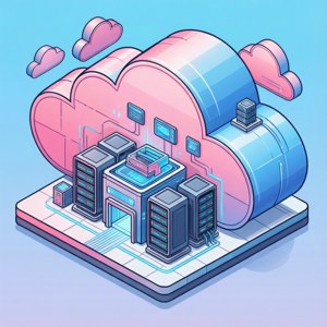 En flat isometrisk illustrasjon av et skyhosting-anlegg med pastellrosa og -blå skyer.