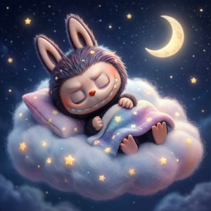 Mirumo sover fredelig på en sky under en stjernehimmel.