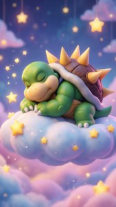 A green turtle sleeps on a cloud with glowing stars in a pastel sky.