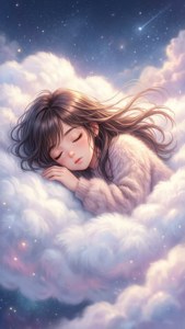 Komala treibt auf einer Wolke in einem verträumten Pastellhimmel dahin.