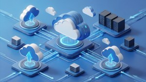 Ein 3D-isometrisches Cloud-Computing-Netzwerk-Hintergrundbild.