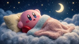 Kirby schläft friedlich auf einer Wolke unter einem sternenklaren Nachthimmel