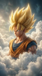Goku svæver i skyer i SS3-form.