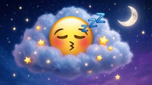 Emoji durmiendo sobre una nube estrellada en un cielo nocturno mágico.