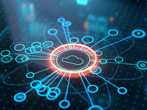 Glowing cloud icon connected by digital lines in a futuristic tech interface. — Internet Picture