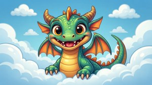 En legesyg tegneserieorm, der kigger frem bag en sky på en lys himmel.