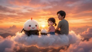 Famille Dango se relaxant sur un nuage au coucher du soleil.
