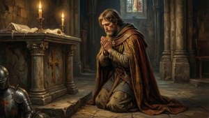 Raja Clovis I berlutut berdoa di depan altar di katedral yang diterangi lilin