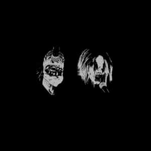 Two screaming horror faces in black and white against a dark background.