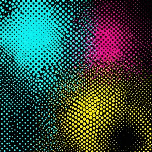 Abstrakt halvtonemønster med cyan, magenta og gule prikker på svart bakgrunn
