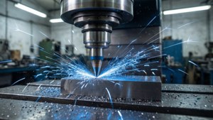 Makrokuva CNC-koneesta jyrsimässä metallia futuristisessa työpajassa