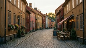 Una encantadora calle adoquinada en el viejo Karlskrona con casas coloridas y cafetería.