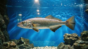 En cobia-fisk i en moderne akvarietank med blå bakgrunn og spotlight.