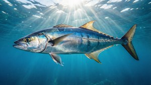A blue jack fish swimming underwater with sunlight rays shining through the water. — Cobia Picture