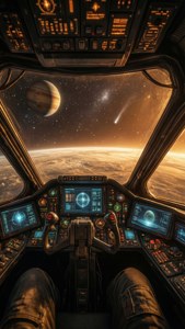 Interno della cabina di pilotaggio con la vista di un pilota di un pianeta e stelle attraverso il parabrezza.