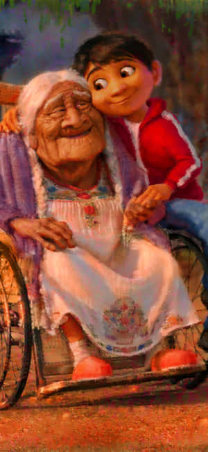 A young boy hugs his grandmother in a wheelchair with a warm smile.
