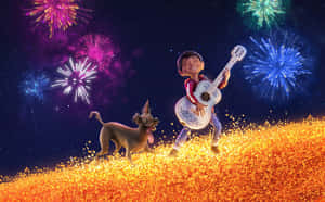 Boy and dog playing guitar under fireworks on a golden field at night.