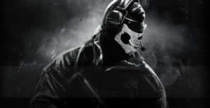 A masked soldier in rain and smoke wearing tactical gear. — Cod Background