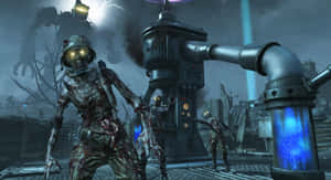 Zombier i militär utrustning avancerar genom en förstörd fabrik med glödande rör och en robot som hotar i den stormiga bakgrunden. — Torsk Zombies Bakgrundsbilder