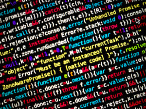 A screen displaying colorful JavaScript code with a blinking cursor. — Code Wallpaper