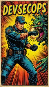 Agen DevSeCops bergaya buku komik memukul monster virus.
