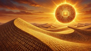 A metaverse desert with binary code dunes and circuit board sun.