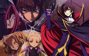 Anime characters in dramatic poses with red purple and gold costumes. — Code Geass Wallpaper