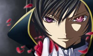Personaje de anime con ojos púrpura y capucha oscura rodeado de pétalos rojos. — Anime Malvado Imagen Fondos de pantalla