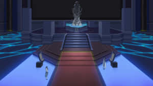 Anime scene of a futuristic hall with glowing blue floors and a central statue. — Gaming Room Picture