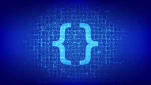 Glowing blue code braces on a pixelated digital background. — Coding Picture