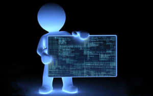 A glowing blue 3d figure holds a screen with digital code. — Coding Picture