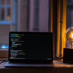 Laptop with code on screen next to a glowing bulb on a windowsill at night. — Coding Picture