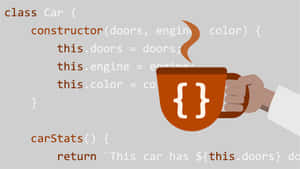 Mano che tiene tazza da caffè con simbolo di parentesi graffe di codice su sfondo di sintassi JavaScript.
