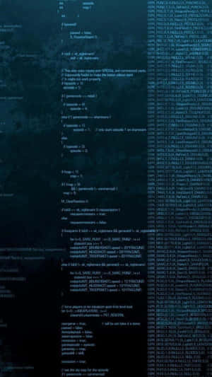 Blue glowing code scrolling on a dark digital screen with grid background.