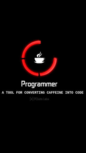A red loading circle around a coffee cup with programmer text on black background.
