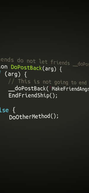 Dark screen displaying glowing code for friendship actions in JavaScript.