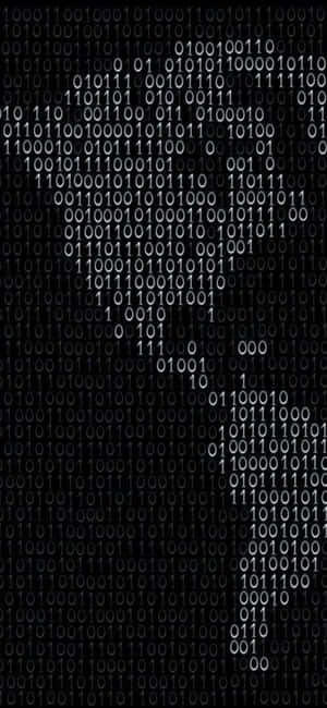 Binary code forms a glowing human head silhouette against a dark background.