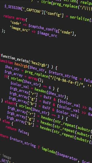 Close-up of colorful PHP code on a dark background.