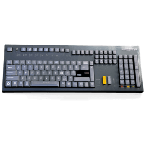 Keyboard mekanis hitam dengan tombol abu-abu dan satu tombol kuning di permukaan abu-abu gelap. — Coding Wallpaper