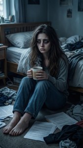 Uma mulher cansada cercada de bagunça com café frio