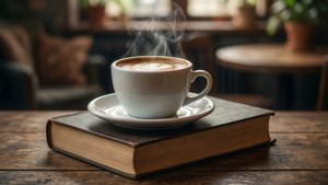 Een koffiekop op boeken in een gezellig café, studie en comfort verenigd.