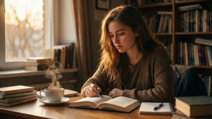 A cozy study scene with coffee and books in warm lighting.