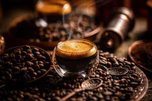Expresso fumegante cercado por grãos de café sobre uma mesa de madeira. — Fundo de café Papéis de Parede