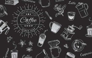 Logotipo e ferramentas de cafeteria desenhados em estilo giz sobre fundo escuro. — Fundo de café Papéis de Parede