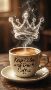 Coffee cup with crown steam and quote