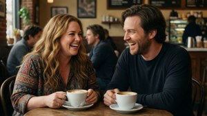 Amy and Aaron share a joyful moment over coffee in the romantic comedy Trainwreck.