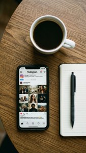 Flat lay Instagram background with coffee and phone